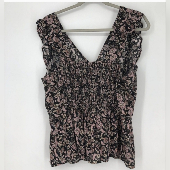 Old Navy Babydoll Blouse Top, Brown Pink Floral Smocked Ruffle Trim, Size XL - Picture 2 of 10